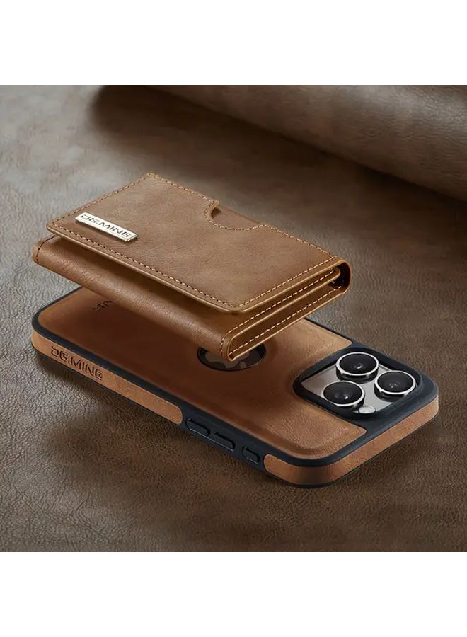 Dark Brown Magnetic Detachable Wallet Case For iPhone 16 Pro With Card Holder Kickstand - Image 2